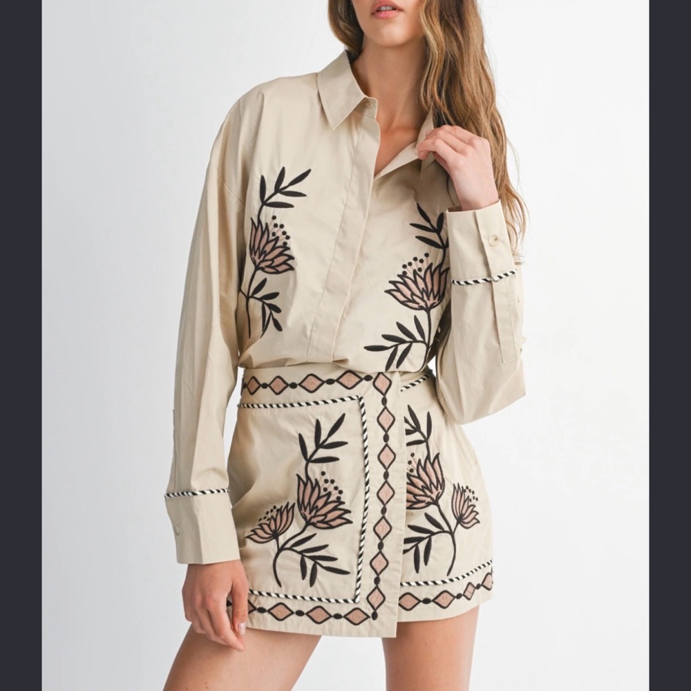 Embroidered Beige Two-Piece Shirt & Skirt Set